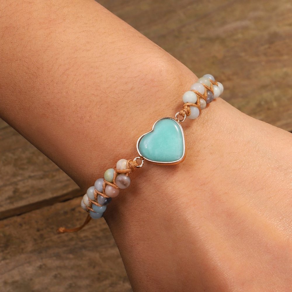 Natural Amazonite Heart Charm Gemstone Women Bracelet 2 layers Braided Bracelet